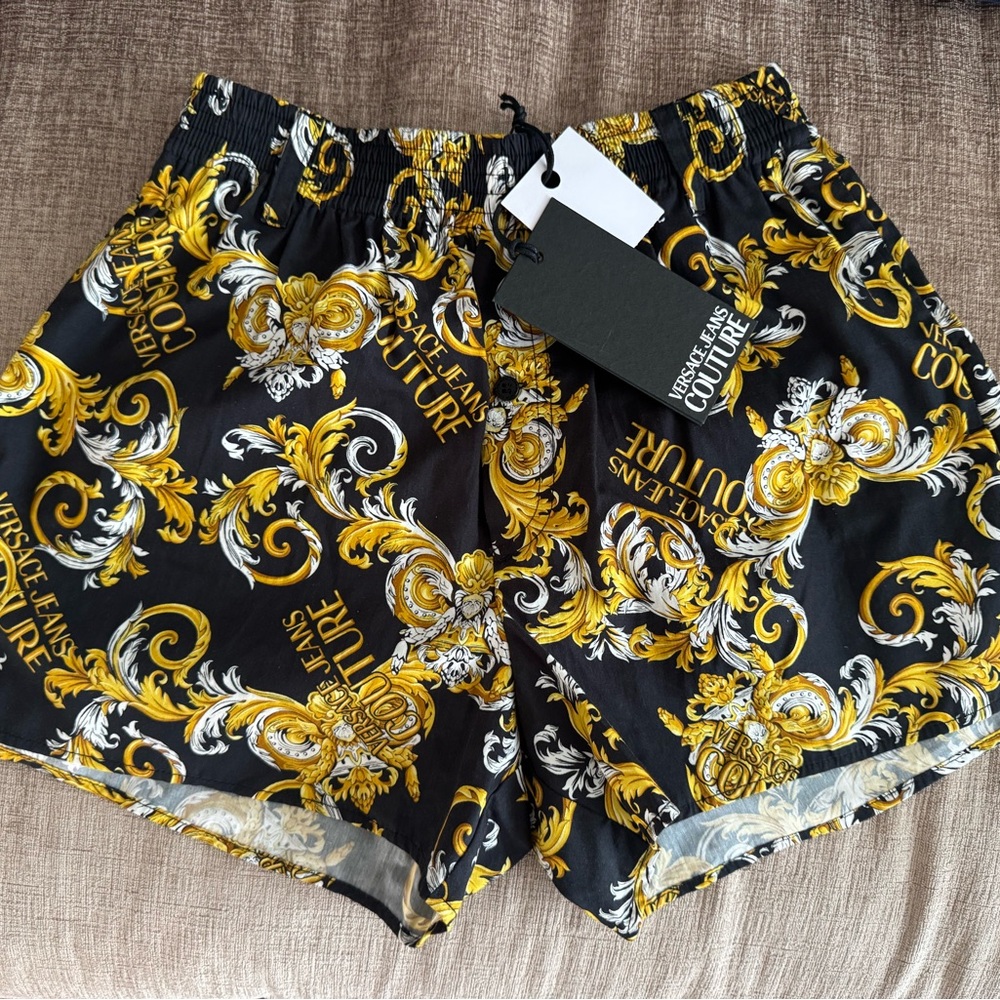 Versace Jeans Collection Black and Gold Baroque Shorts w/ Belt Loops and pockets